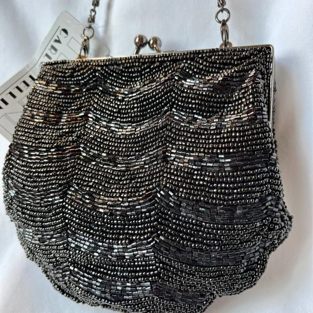 Carlo Fellini Black Formal Evening Bag Detailed Beadwork Clutch w  Chain NWT - Picture 2 of 12